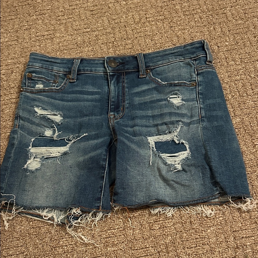 American Eagle Outfitters Distressed Denim Jean Shorts in Dark Blue